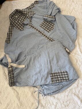 Urban Outfitters Light Blue Striped Track Pants with Gray Plaid Trim